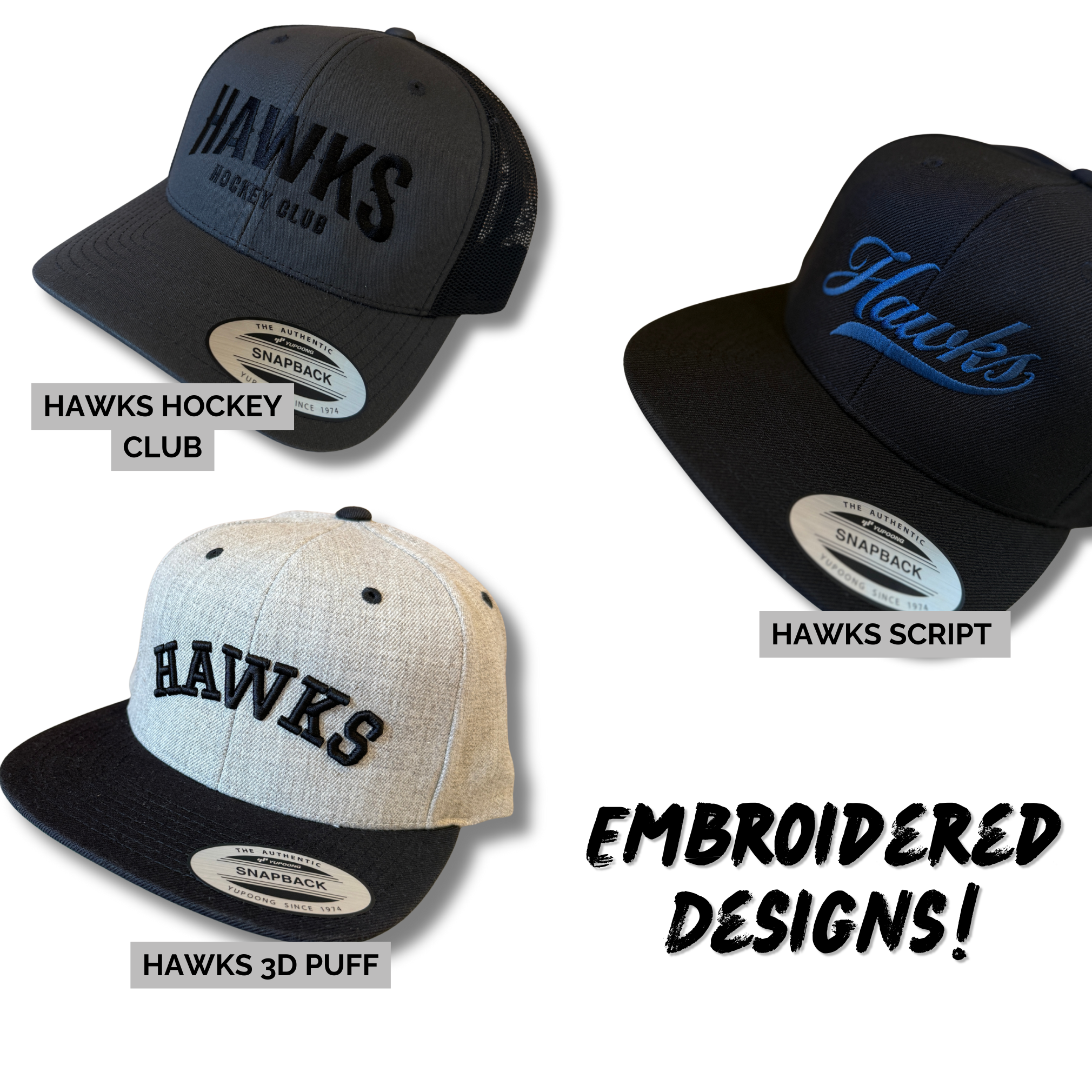 HAWKS Adult Curved Brim Snapbacks- 6 designs!