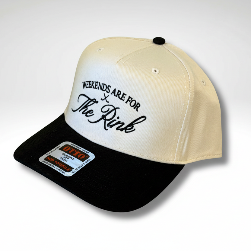 black and white snapback hat | weekends are for the rink in embroidered text